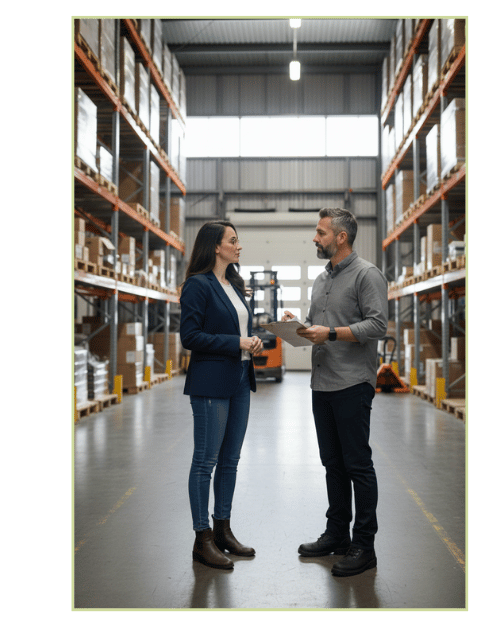 Dora-HR Consultant in warehouse with client