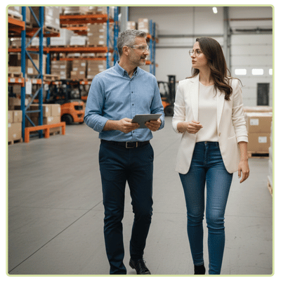 Dora-HR Consultant in Ontario warehouse with small business client